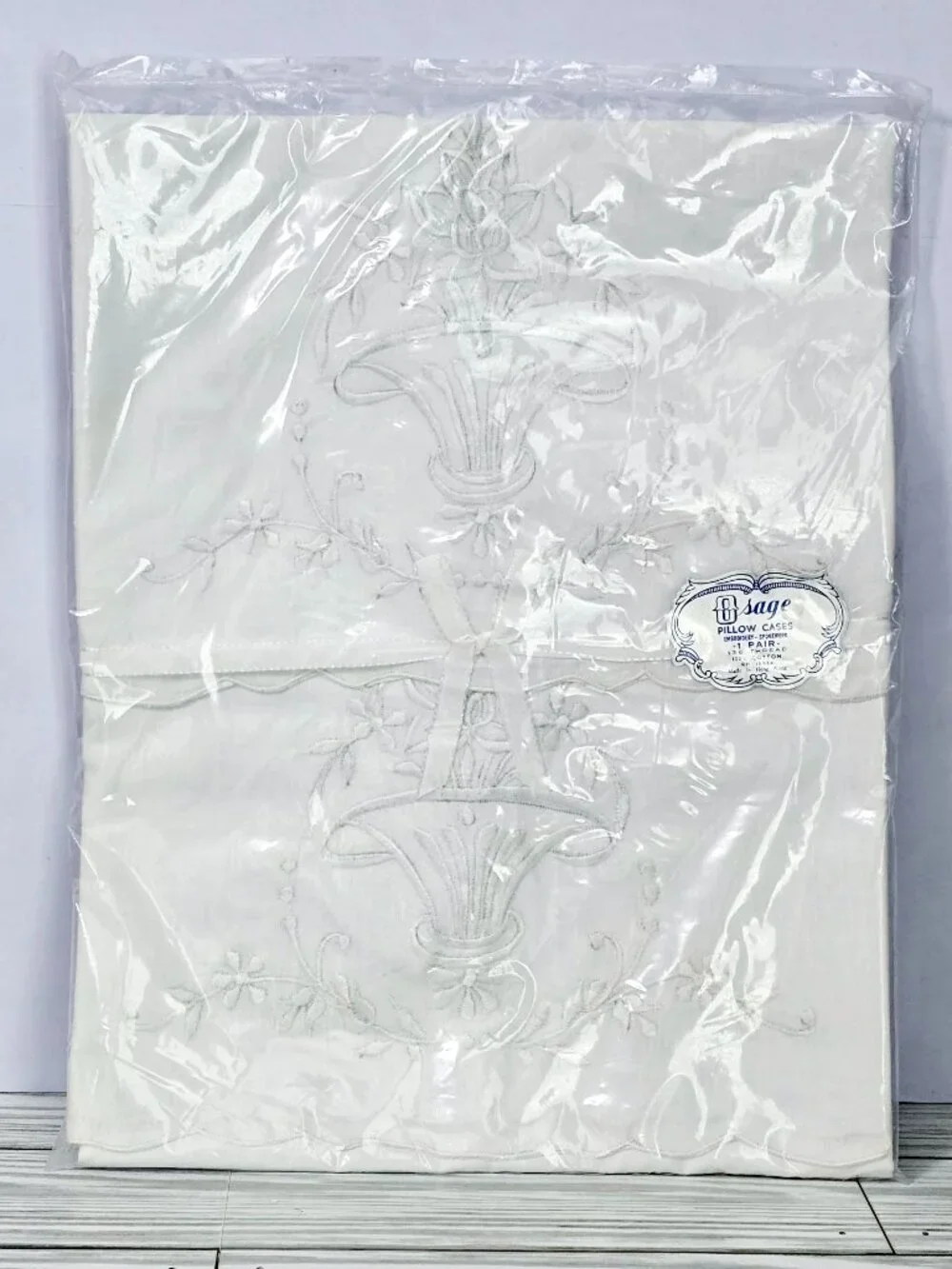 VTG 1970's O Sage Embroidered Pillowcases NOS Sealed 100% Cotton Hong Kong